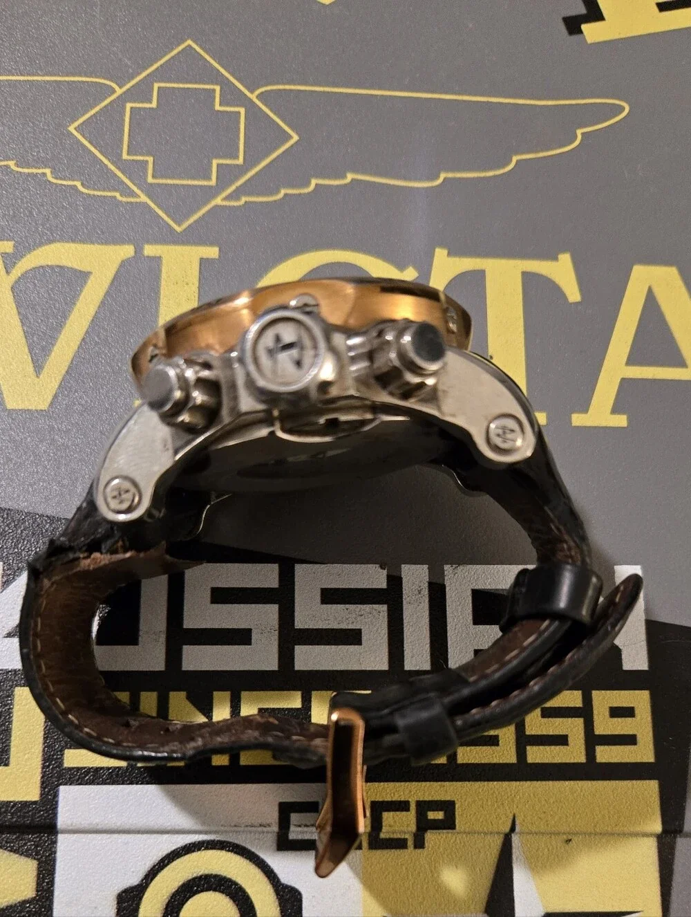 Invicta Gold and Black Chronograph Watch with Black Leather Strap. Needs Strsp